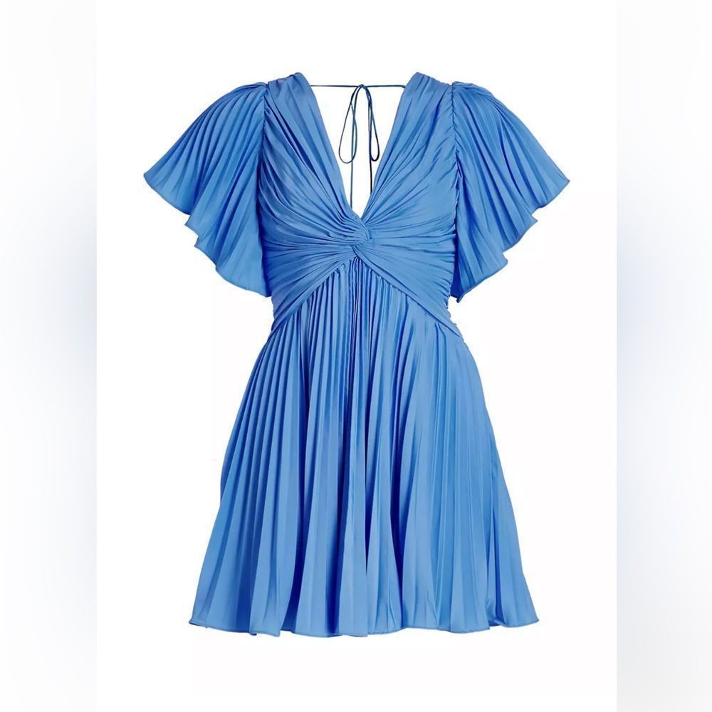 ML Monique Lhuillier NWT Tafetta Cape-Sleeve Pleated Minidress Neon Azure size 8